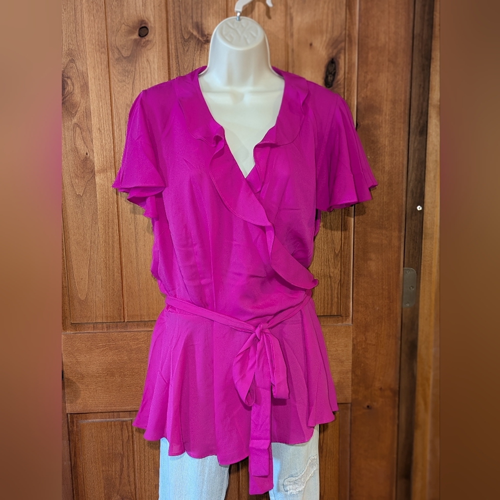 City Chic Fuchsia‎ Ruffled Faux Wrap Blouse